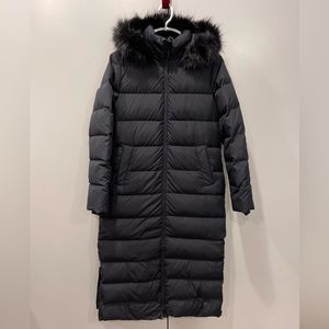 Mid calf quilted winter coat. Down & feather, warm,toasty. Hood w/faux fur trim.